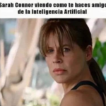 Meme. Sarah Connor (Terminator) mira fijamente a cámara, con cara de pocos amigos. Se lee: "Sarah Connor viendo cómo te haces amigo de la inteligencia artificial".