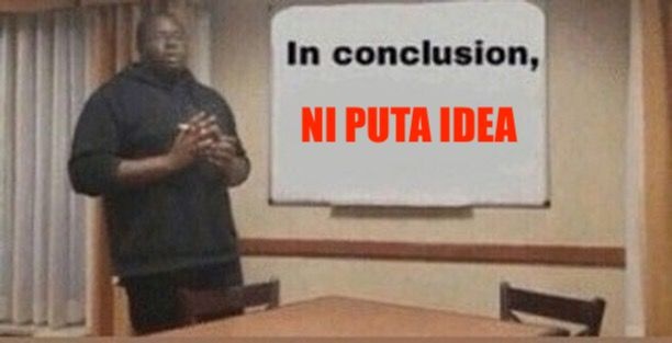 Meme. Alguien frente a una pizarra donde pone "In conclusion, ni puta idea".