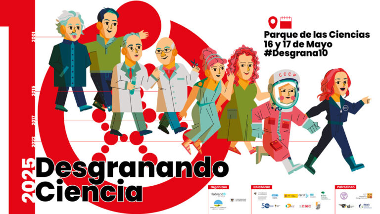 Poster horizontal del evento Desgranando Ciencia de su décima edicion (2025). Una ilustración donde se ven científicos históricos de la mano de científicos contemporáneos.