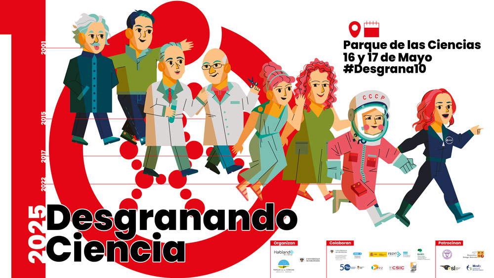 Poster horizontal del evento Desgranando Ciencia de su décima edicion (2025). Una ilustración donde se ven científicos históricos de la mano de científicos contemporáneos.