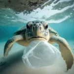 Una tortuga acecha a una bolsa de plástico