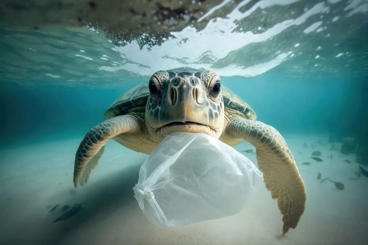 Una tortuga acecha a una bolsa de plástico