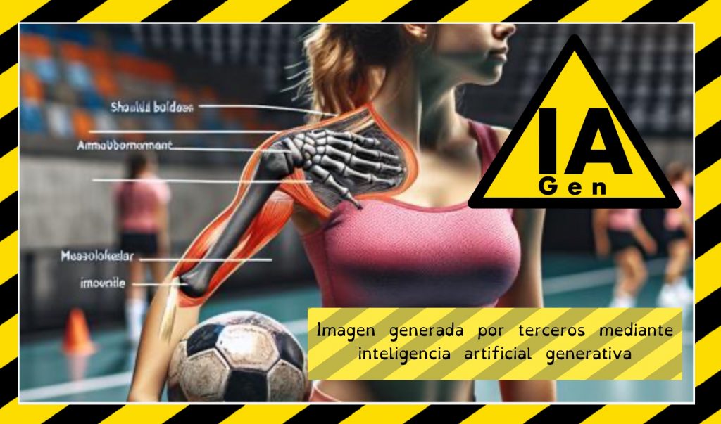 Captura de una imagen generada con inteligencia artificial. Representa a una mujer vestida con ropa deportiva, su brazo acaba en el codo, y se ve el esqueleto hasta el pecho, pero en lugar de húmero, clavícula y costillas se ve algo parecido a cubito, radio, y el esqueleto de la mano dentro del pecho. Hay rótulos señalando lugares aleatorios con líneas de algo ilegible que se hace pasar por texto. Se ha añadido un logo de “precaución IAGen” sobre la imagen como crítica. 