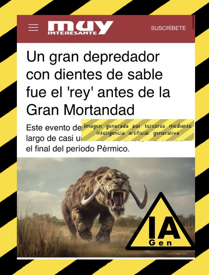Captura de pantalla de un titular de la revista Muy Interesante. En ella se incluye una imagen generada por inteligencia artificial de un ser totalmente aberrante que se ve como la mezcla de un oso y un león con cuernos asimétricos en sus mejillas. Se incluye superpuesto un sello de precaución por IA generativa.